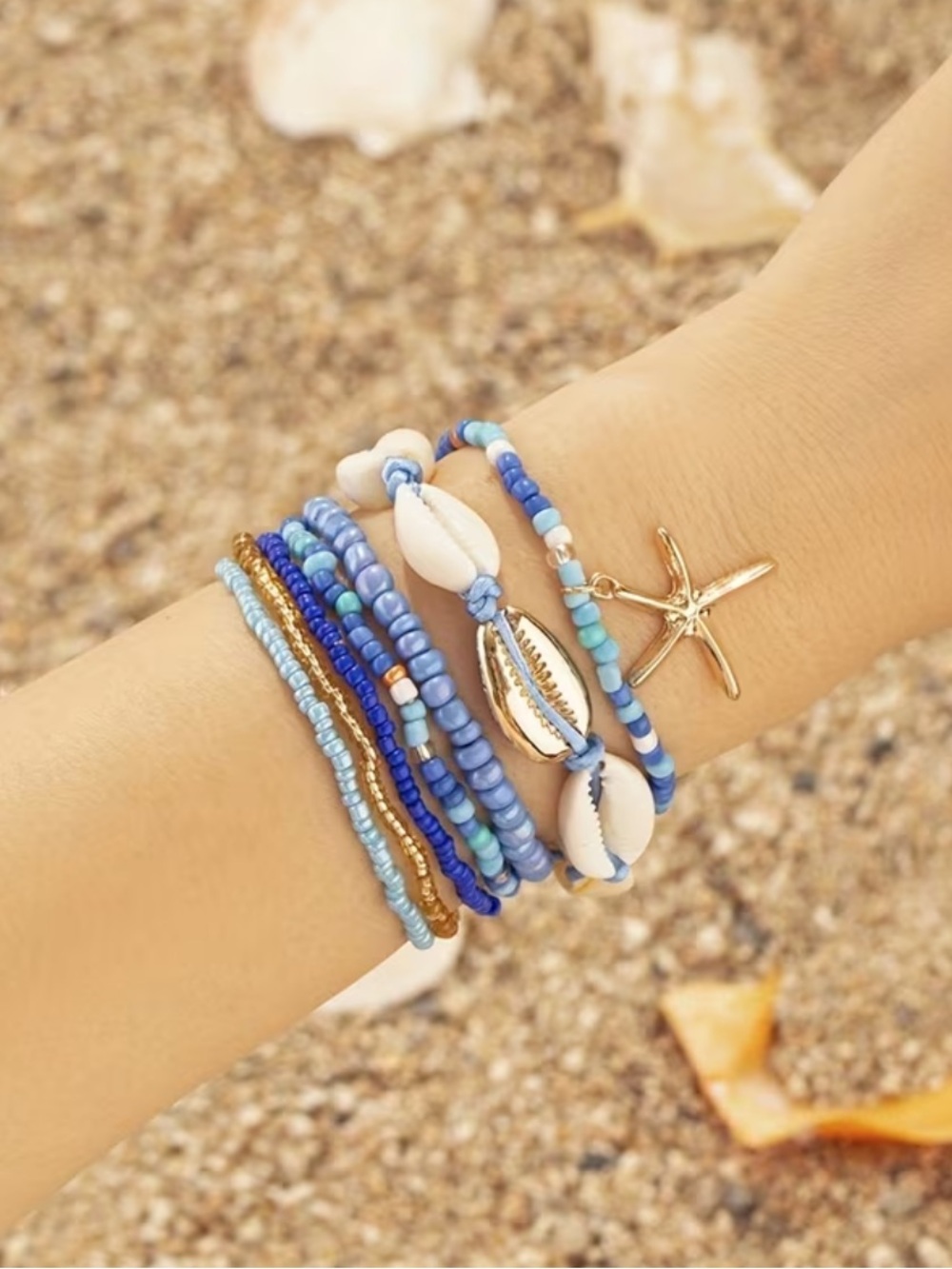 Gold Starfish & Blue Shell Bead Wrap Bracelet